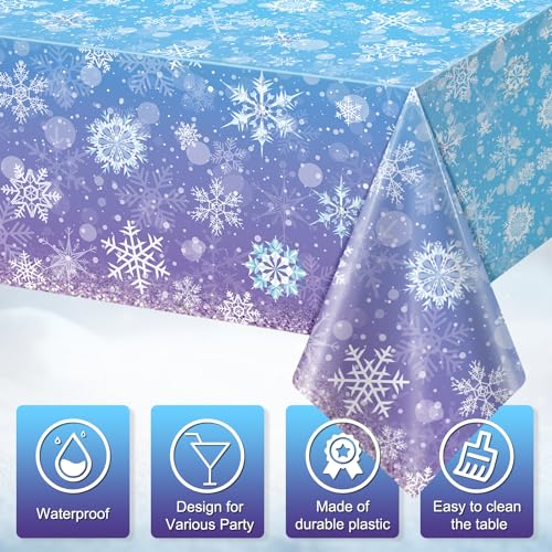 3 Pack Winter Snowflake Plastic Tablecloth Decorations, Blue and Purple Snowflake Winter Wonderland Disposable Table Cover for Christmas Holiday New Year Party Supplies Decorations, 54x108 Inch