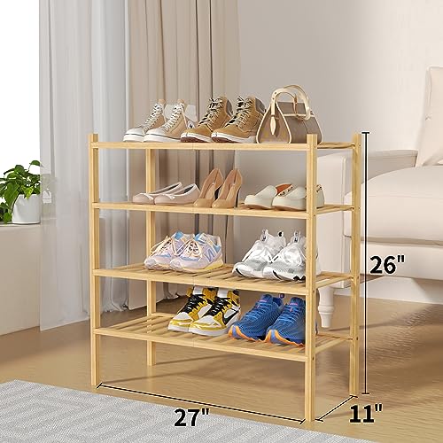 4-Tier Bamboo Shoe Rack for Entryway - Stackable Closet Organizer, Natural Finish