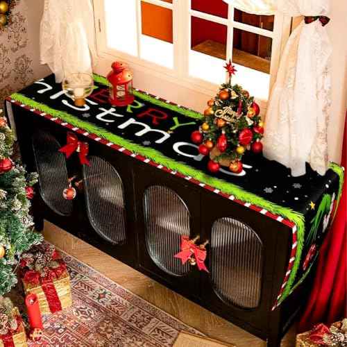 Linen Merry Christmas Table Runner, 13 x 73 in Grinch Tablecloth Xmas Winter Holiday Home Kitchen Dining Room Table Decorations (Black)