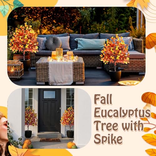 2 Pack 4ft Faux Fall Trees with Spikes - Outdoor Autumn Topiary Decor