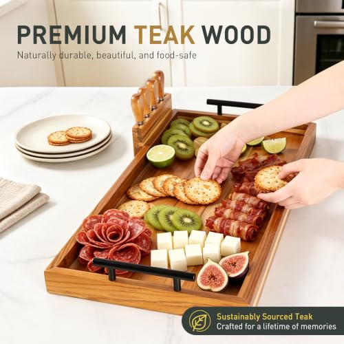 Socisen 36" Teak Charcuterie Board with 4-Piece Cheese Knife Set & Handles