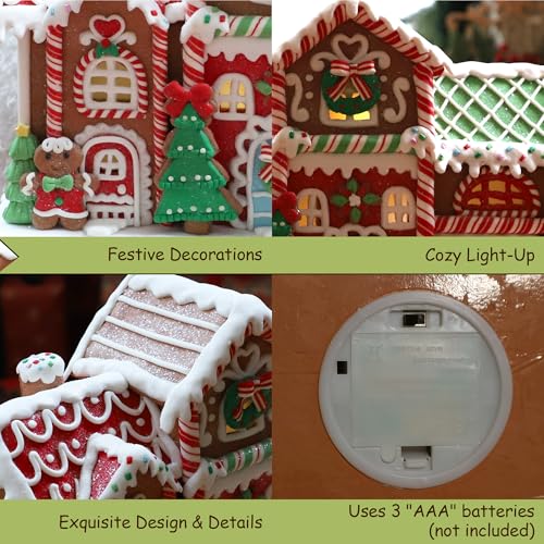 14-Inch Battery-Operated Gingerbread House Decoration with Lights – Handmade Christmas Village
