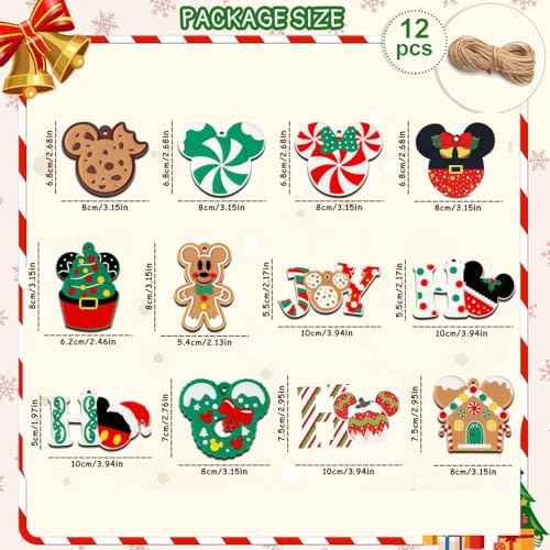 Christmas Tree Hanging Ornaments, 12Pcs Wooden Mouse Decorations for Holiday Christmas Trees Hanging Slices with Ropes Party Xmas