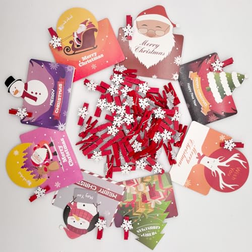 50pcs Mini Clothes Pins for Photo Christmas Tree Decoration White Wooden Heart Star Small Clothespins Picture Hanger Display Clips with String (Red Snow, 50 Pcs)