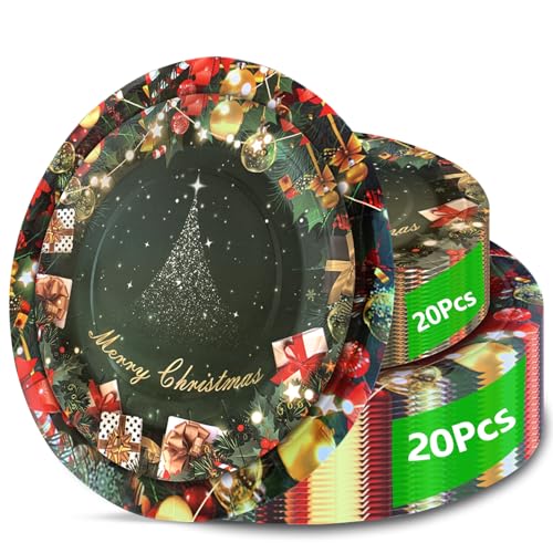 Christmas Paper Plates, 40pcs Party Paper Plate Set Disposable Christma Party Food Dinner Dessert Plates Tableware Decorations Favors, Including 20pcs 9" and 20pcs 7" for Christmas Plate