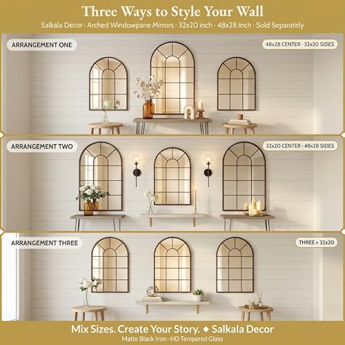Black Arched Window Mirror 32x20 Inches - Farmhouse Wall Decor for Living Room & Entryway