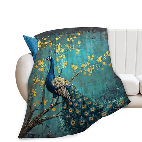 Peacock Throw Blanket - Teal Peacock Stuff Decor Merch Cozy Flannel Soft Warm Plush Lightweight Bedding - Gifts for Boys, Men, Sofa & Couch - 50"X40"