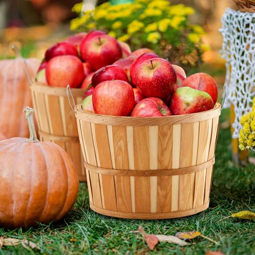 6 Pack Natural Wood Half Bushel Baskets with Metal Handles for Harvest & Storage - 14 x 9.5 Inches
