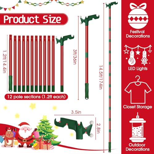 Tryitsbest Adjustable Christmas Light Hanger Pole with Utility Hooks, 3-14.5 ft