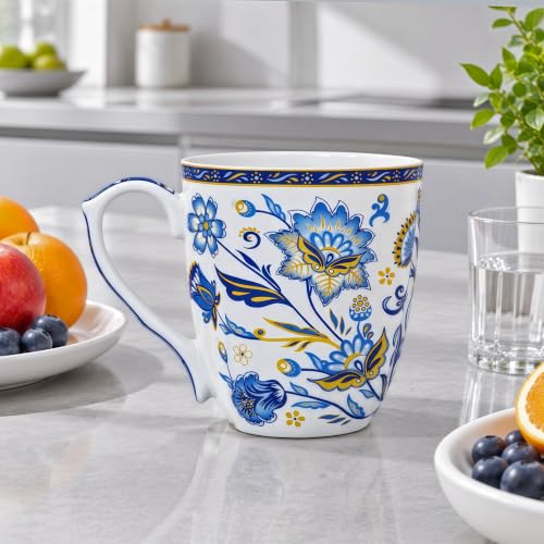 LanHong Blue Floral 14oz Bone China Coffee Mug with Handle - Daily Tea & Coffee Cup