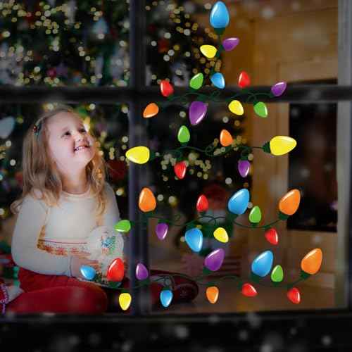 Cinrobiye 9 Sheets Christmas Bulb Light Window Clings Winter Christmas Car Refrigerator Decorations Stickers Door Window Seasons Decals for Holiday Xmas Christmas Home Kitchen Living Room (Bulb Light)
