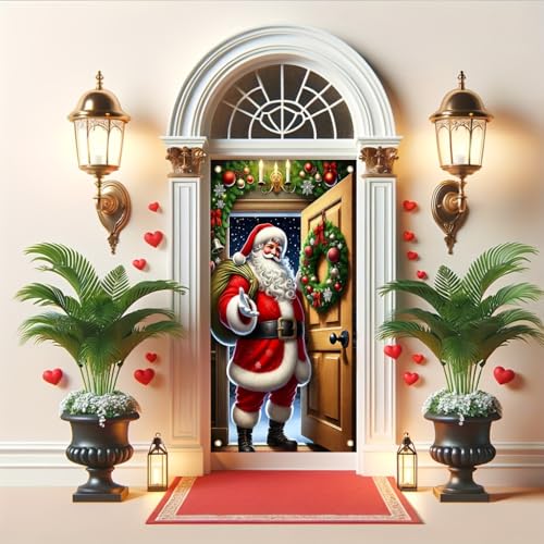 Festive Santa Welcome Christmas Banner 71x35 Inch Holiday Door Backdrop Outdoor Yard Decor