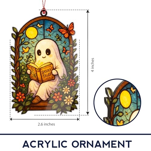 RUSATEN Gothic Bat Suncatcher Halloween Window Decor with Crescent Moon - Ghost Book Variation