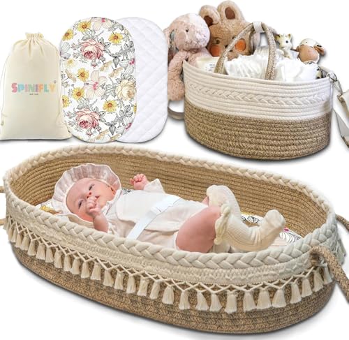 Beige Baby Changing Basket Set with Diaper Caddy Organizer - Handcrafted Cotton Boho Nursery