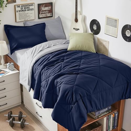 HEVUMYI Twin XL Comforter Set Navy Blue & Grey Bed in a Bag 5-Piece