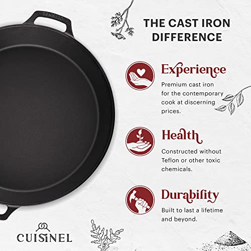 15-Inch Cast Iron Skillet with Glass Lid & Red Chainmail Scrubber - Dual Handle Braiser Pan with Silicone Handles - Pre-Seasoned Cooking Pot