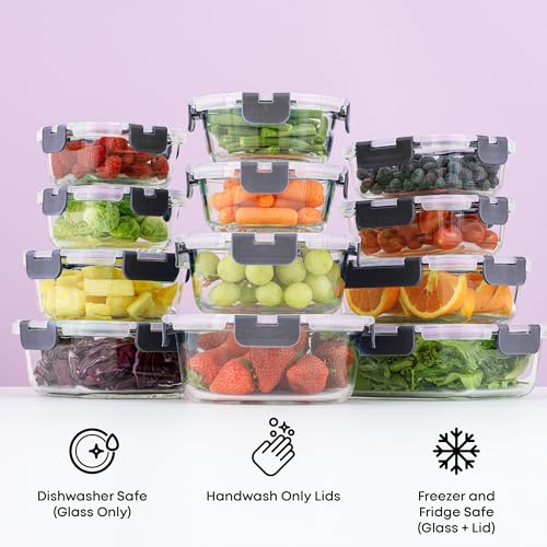 Black 24-Piece Borosilicate Glass Food Storage Containers Set with Lids