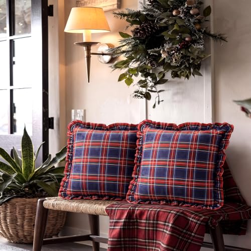 Irenare 2 Pack Christmas Plaid Ruffled Pillow Covers 18x18 Inch, Red & Navy Blue