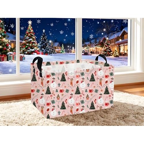 Essme Rectangular Christmas Baskets,Pink Storage Box,Cute Basket for Kids with Handles for Room Decor, Book Bins,Gifts Basket.(Pink Christmas)