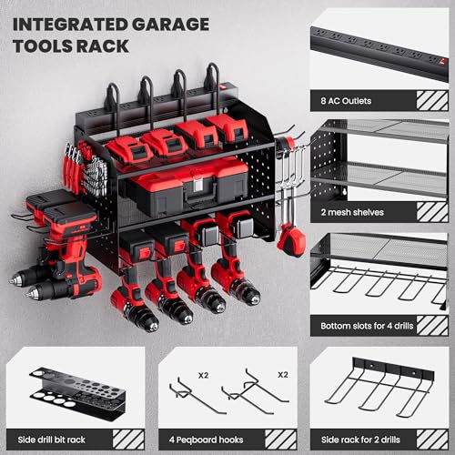 3-Layer Power Tool Wall Mount Organizer with Charging Station - Black