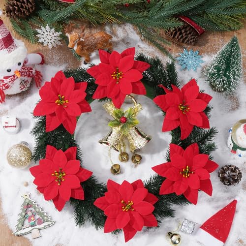 Artflower 12 Pack Poinsettias Artificial Christmas Flowers – Velvet Red Faux Poinsettias for Tree, Home & Outdoor Decor