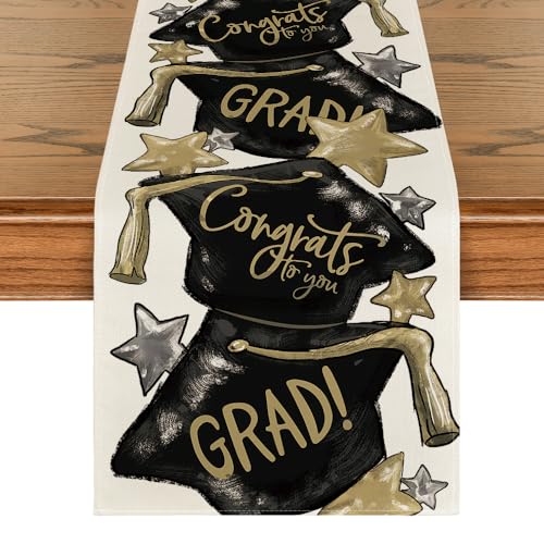 Artoid Mode Watercolor Congrats to You Star Graduation Table Runner 13" x 72" Black