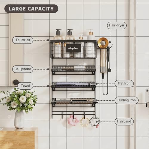 Magheo Black Wall Mount Hair Dryer Holder with 5-Tier Storage Shelf & Hooks – Bathroom Organizer