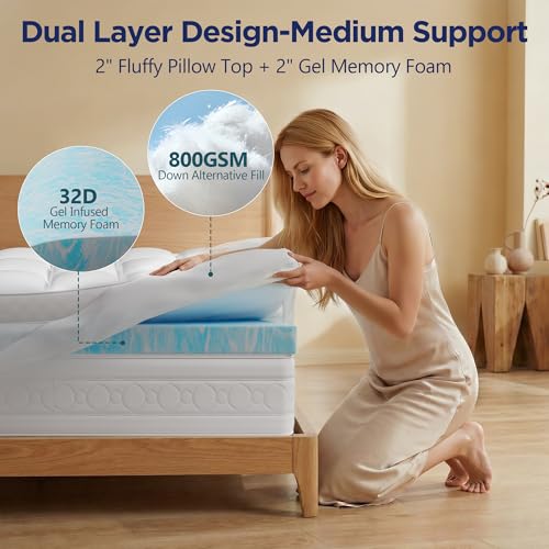 Queen Mattress Topper 4 Inch Dual Layer Memory Foam with Gel & Plush Cover White