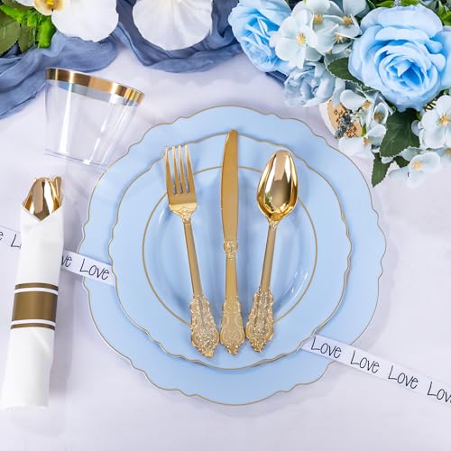 Light Blue 350PCS Disposable Plastic Plates Set for Wedding & Party