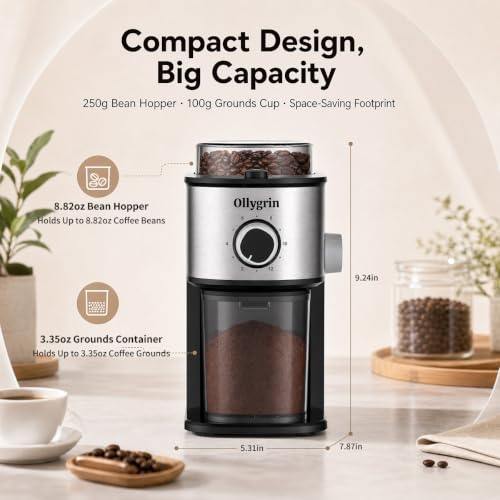 Electric Flat Burr Coffee Grinder with 14 Settings & 7oz Hopper - Shiny Silver & Black