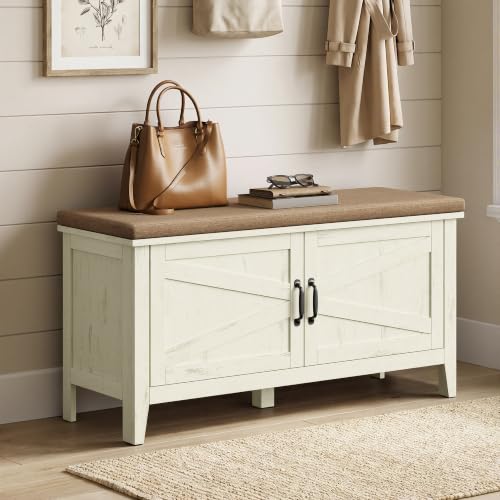 VASAGLE Farmhouse Entryway Shoe Bench with Cushion, Rustic White & Walnut Brown, 39.4" Wide