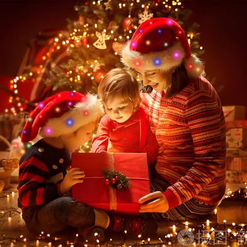 Light Up Christmas Santa Hat,Red Velvet Xmas Costume Hats for Adult Women Men Party Holiday Unisex New Year Festive Headwear