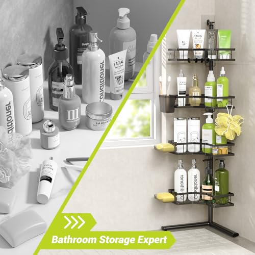 Foukus Black Standing Corner Shower Caddy - 4-Tier Rustproof Adjustable Shelves