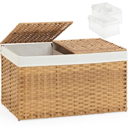 SETVSON Rattan Storage Basket with Lid, 65L Foldable Woven Bins for Bedroom & Laundry