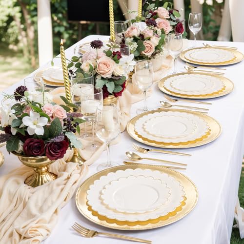 24Pcs Round Gold Charger Plates 13'' - Elegant Plastic Tableware for Weddings & Events