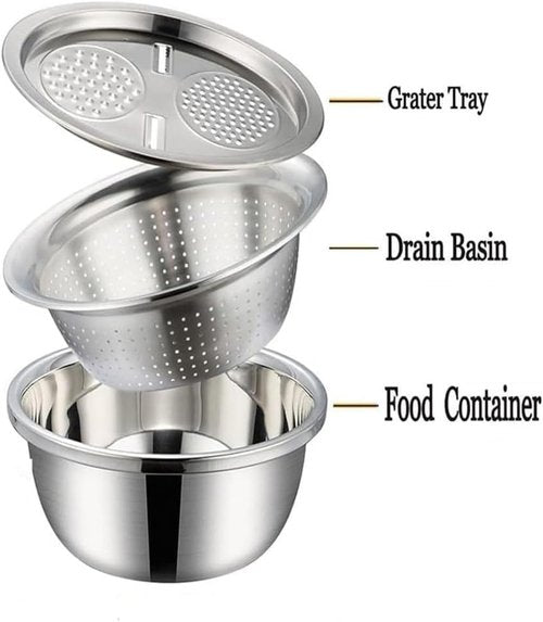 Germany Multifunctional Stainless Steel Basin - 3-in-1 Vegetable Cutter, Slicer & Strainer (10.2")