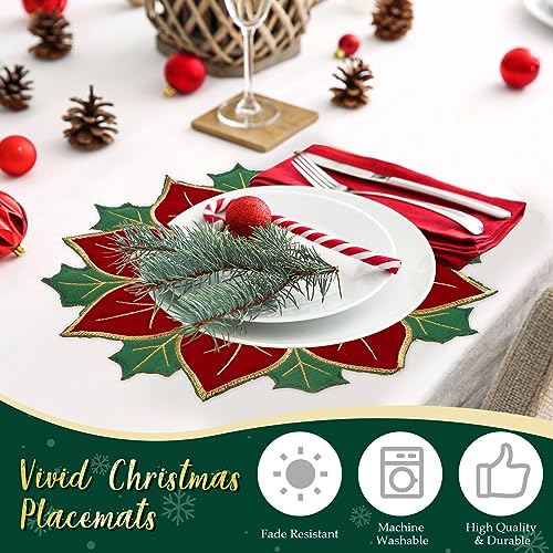 Breling 8 Pieces Christmas Poinsettia Placemats 16 Inch Round Holiday Table Decor