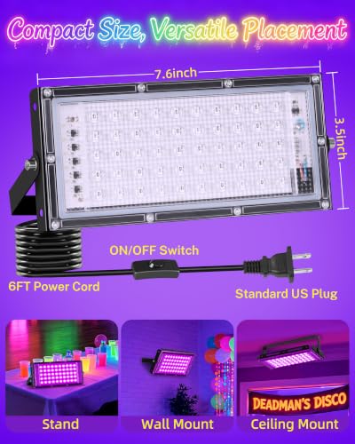 50W Black Light IP66 Waterproof Flood Light with Switch +6FT Cord - Halloween Party