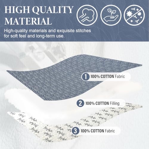 White Slate Blue Queen Quilt Set - 3 Pieces Botanical Cotton Bedspread