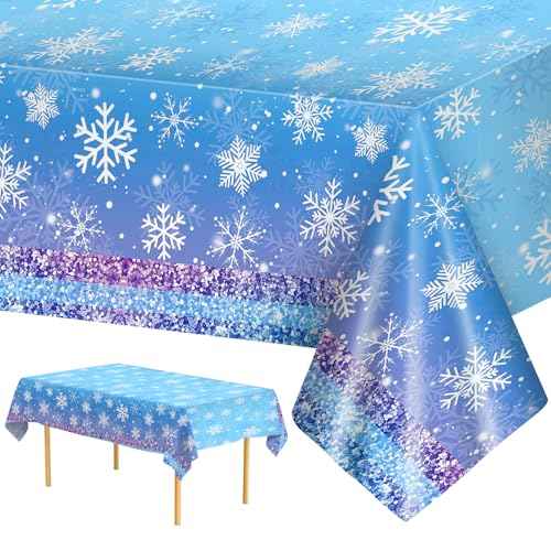 2 Pcs Winter Snowflake Tablecloth Plastic - Disposable Frozen Table Cloth, Purple Blue Rectangle Winter Wonderland Table Cover for Christmas Winte Holiday Tables Decor Party Supplies Favors,54x108Inch