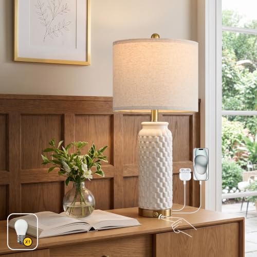 USumkky 25'' Touch Table Lamp - White Ceramic Nightstand Lamp with 3-Way Dimmable, Includes 2 LED Bulbs, Modern Farmhouse Style