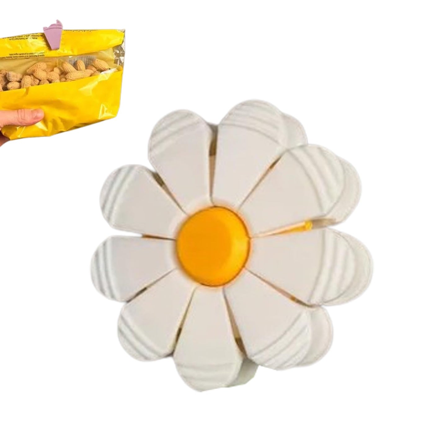 Magnetic Flower Bag Clips - Cute 3D Printed Snack Sealer for Kitchen Organization, MagneticFlower with Petal Clips, Magnetic Daisy Blossom Sealing Clip Set (White)