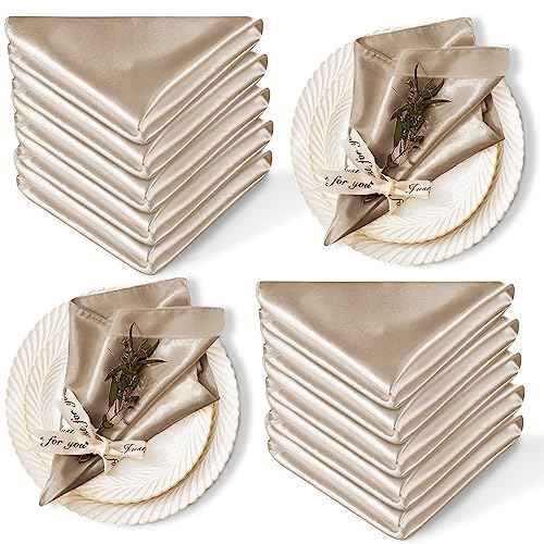 12 Pack Satin Table Cloth Napkins, 17x17 Inch Taupe Silky Wedding Napkins Cloth Washable, Luxury Dining Table Cloth Napkins Set for Birthday Holiday Party Dinner Restaurant