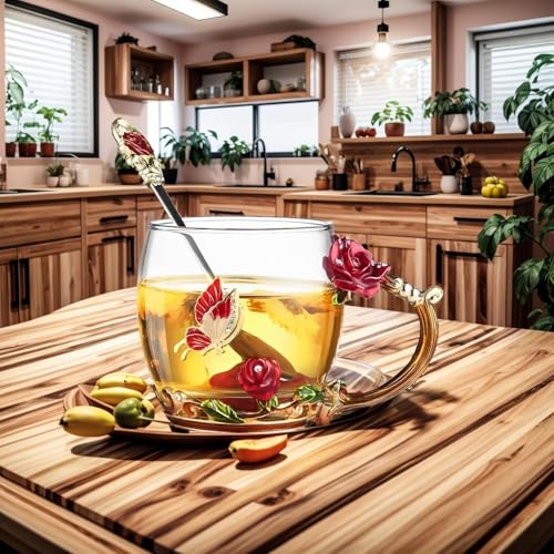 FDINF Red Butterfly Rose Glass Tea Cup with Spoon – Gift Gift Box