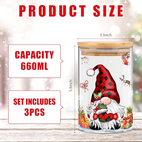 Green-Red Gnome Christmas Glass Storage Jars 20oz with Airtight Bamboo Lids, Set of 3