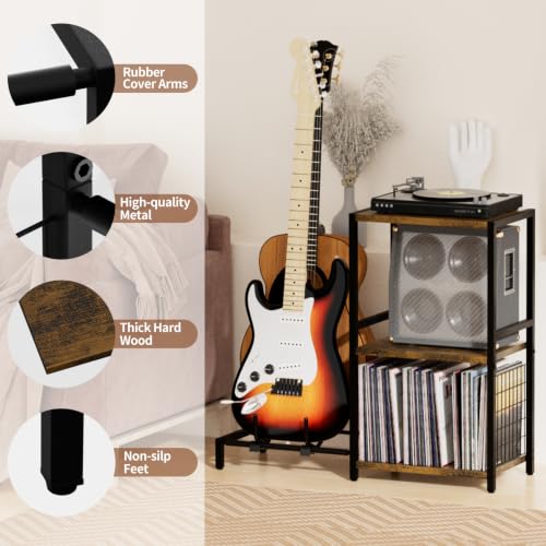 YAKANJ End Table with Guitar Stand and Vinyl Record Storage - Brown