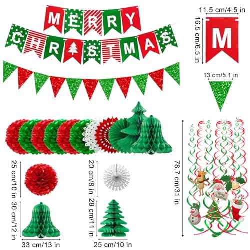 Fecedy MERRY CHRISTMAS Hanging Paper Banner Pom poms Paper flower Fan Swirl Streamers&Christmas tree Santa Claus Banner For Merry Christmas Party Decorations