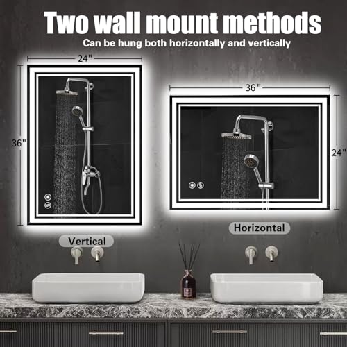 NESDCC 24x36 Inch Bathroom LED Mirror with Anti-Fog & 3 Color Dimmable Lighting, Wall Mount