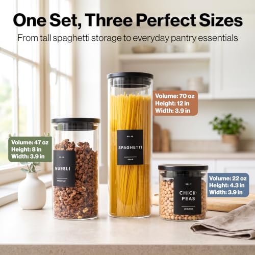 EDELHAUS 5 Pack Glass Pantry Storage Jars with Black Lids & Labels - Airtight Food Containers