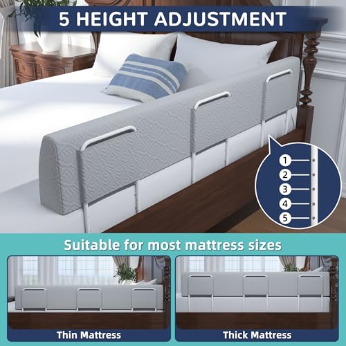 FigTime Toddler Bed Bumper Guard Grey 59 Inch Foam Bed Rail with 3 Brackets